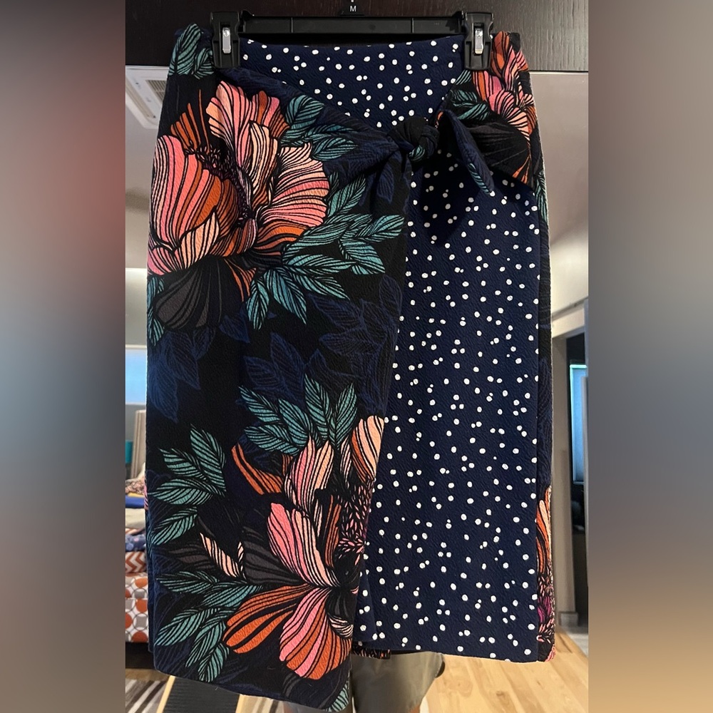 Maeve Navy Asymmetrical Skirt with Floral and Polka Dot Design